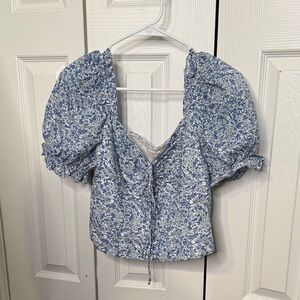 Astr Blue and White Floral Puff Sleeve Blouse